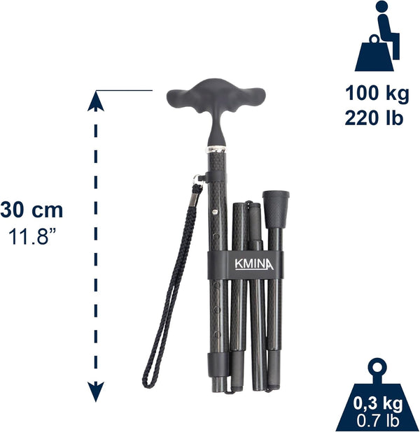 KMINA Gehstock Carbon Schwarz, Herren Elegant, Spazierstock Damen, Kohlefaser, Verstellbar (Ergonomischer Griff)