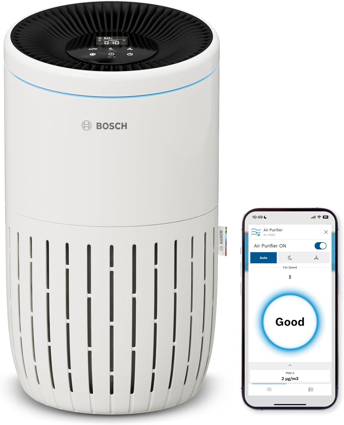 Bosch Air 2000I, App-Gesteuerter Luftreiniger, Für Räume Bis Zu 37,5 M² | Mit 3-In-1 Luftfilter, Smart Sensor, Automatikmodus, Ruhemodus (< 25 Db(A)), CADR: 180 M³/H