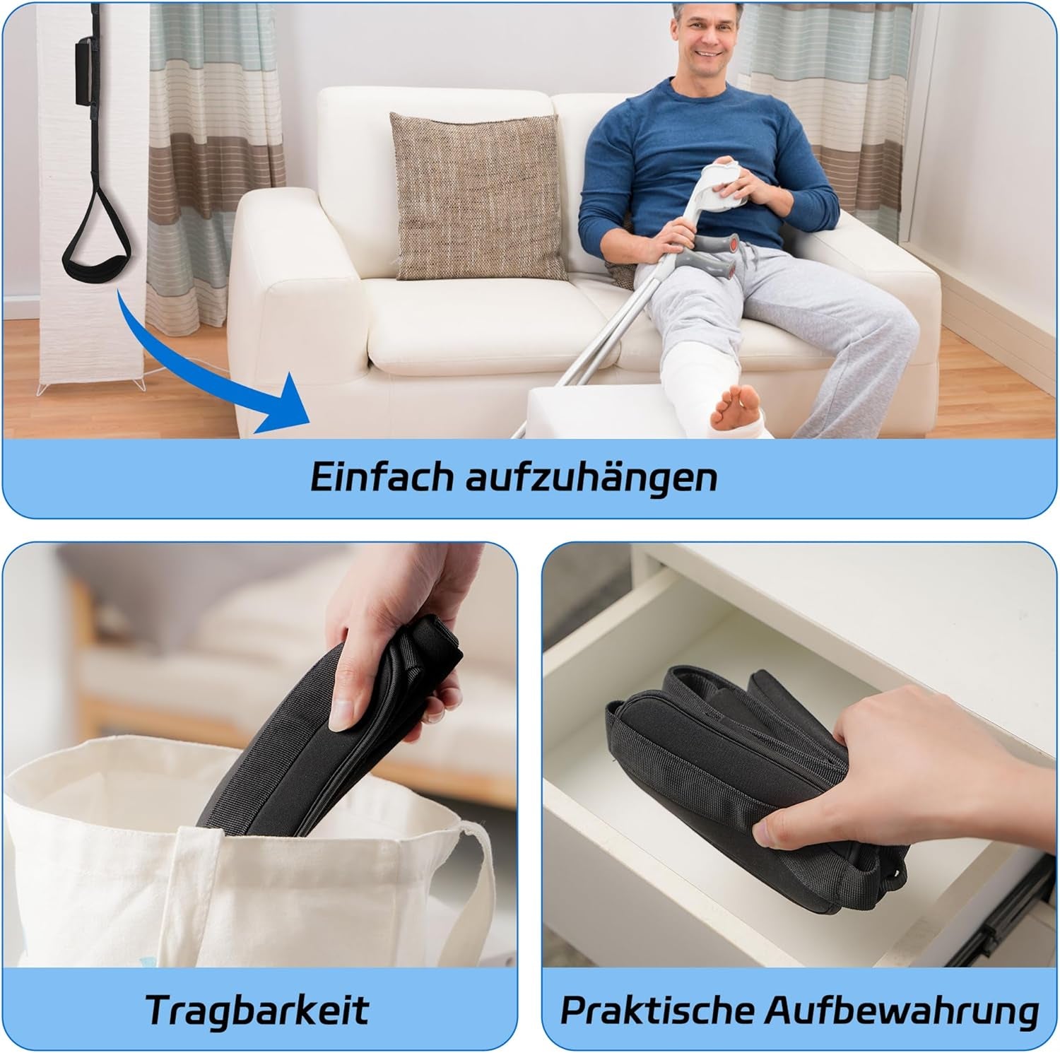 Kekoy 107 cm Beinhebergurt mit Fuß- und Handgriff für eingeschränkte Mobilität nach Hüftoperation – ideal für das Ein- und Aussteigen aus Bett, Auto und Rollstuhl (Schwarz)