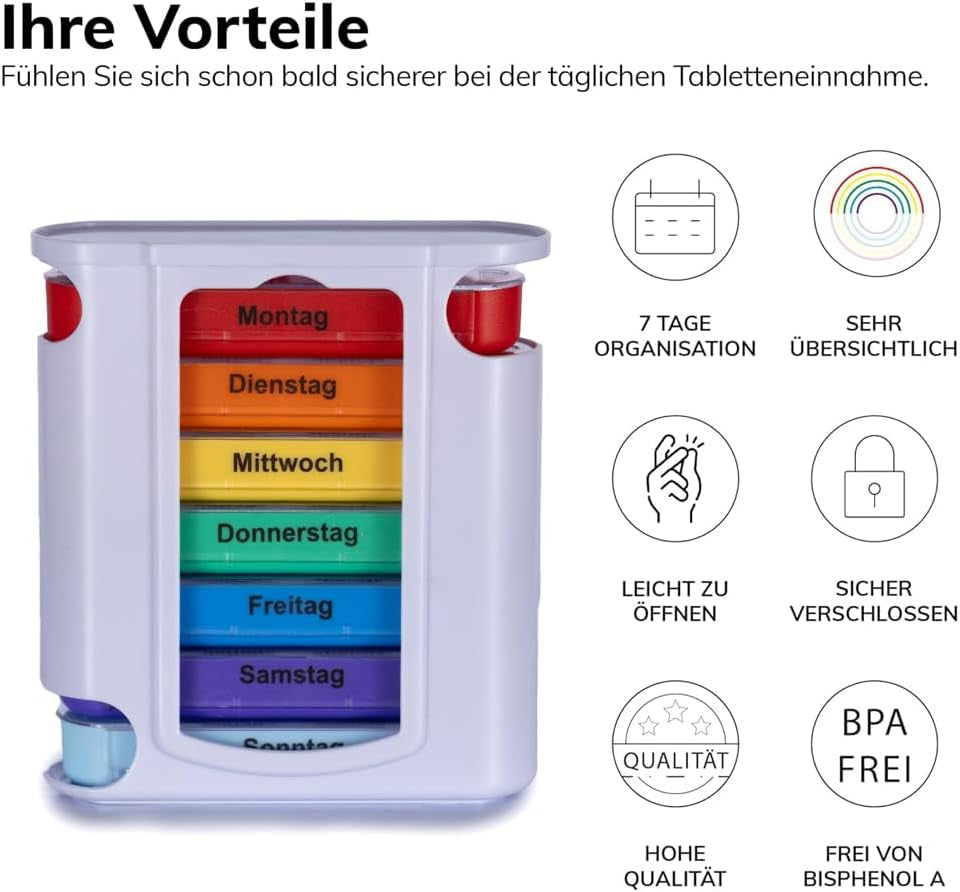 Tablettenbox 7 Tage bunt mit 4 Fächern pro Tag