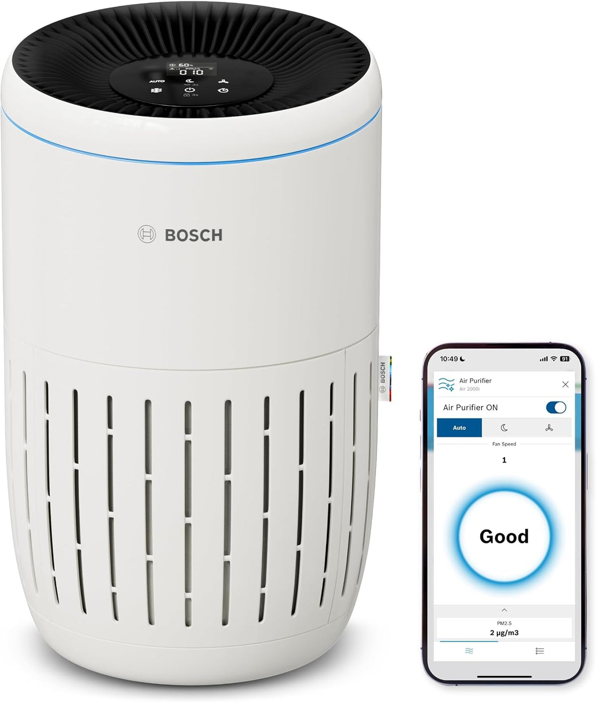 Bosch Air 2000I, App-Gesteuerter Luftreiniger, Für Räume Bis Zu 37,5 M² | Mit 3-In-1 Luftfilter, Smart Sensor, Automatikmodus, Ruhemodus (< 25 Db(A)), CADR: 180 M³/H