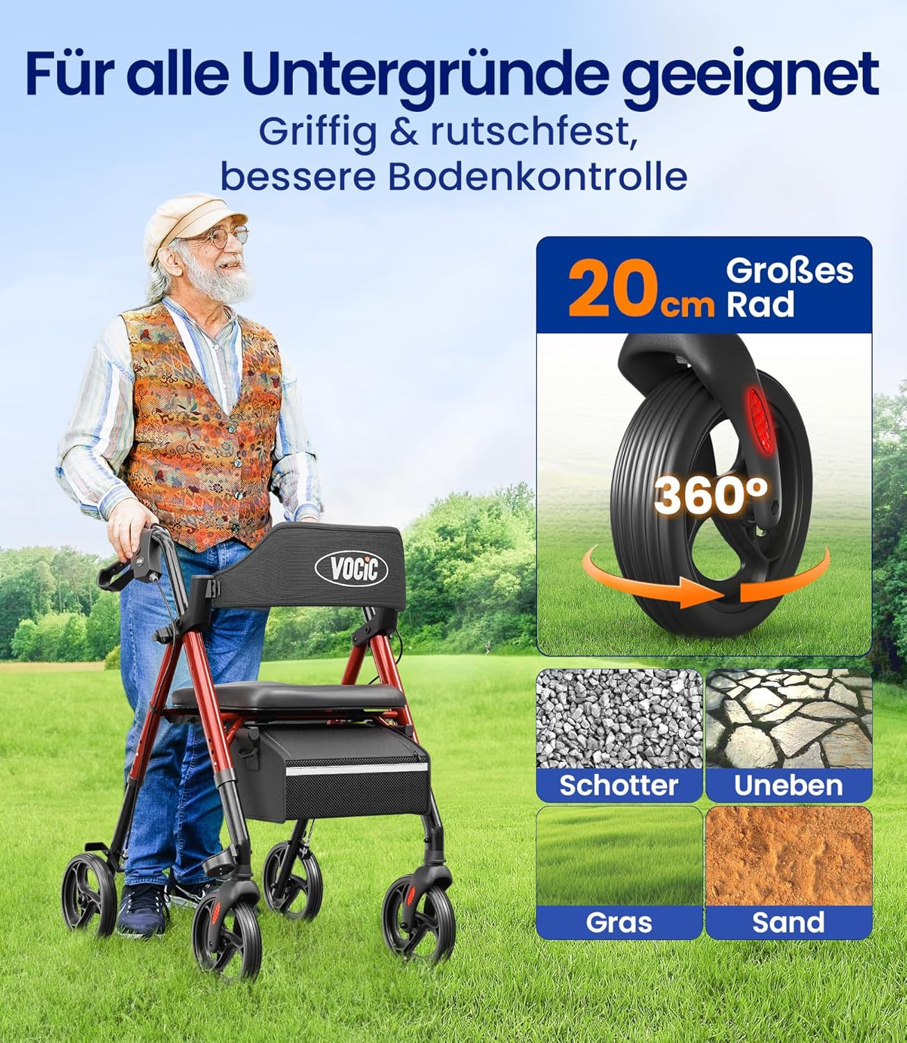 Rollator faltbar leicht mit Sitz für Senioren dunkelrot 