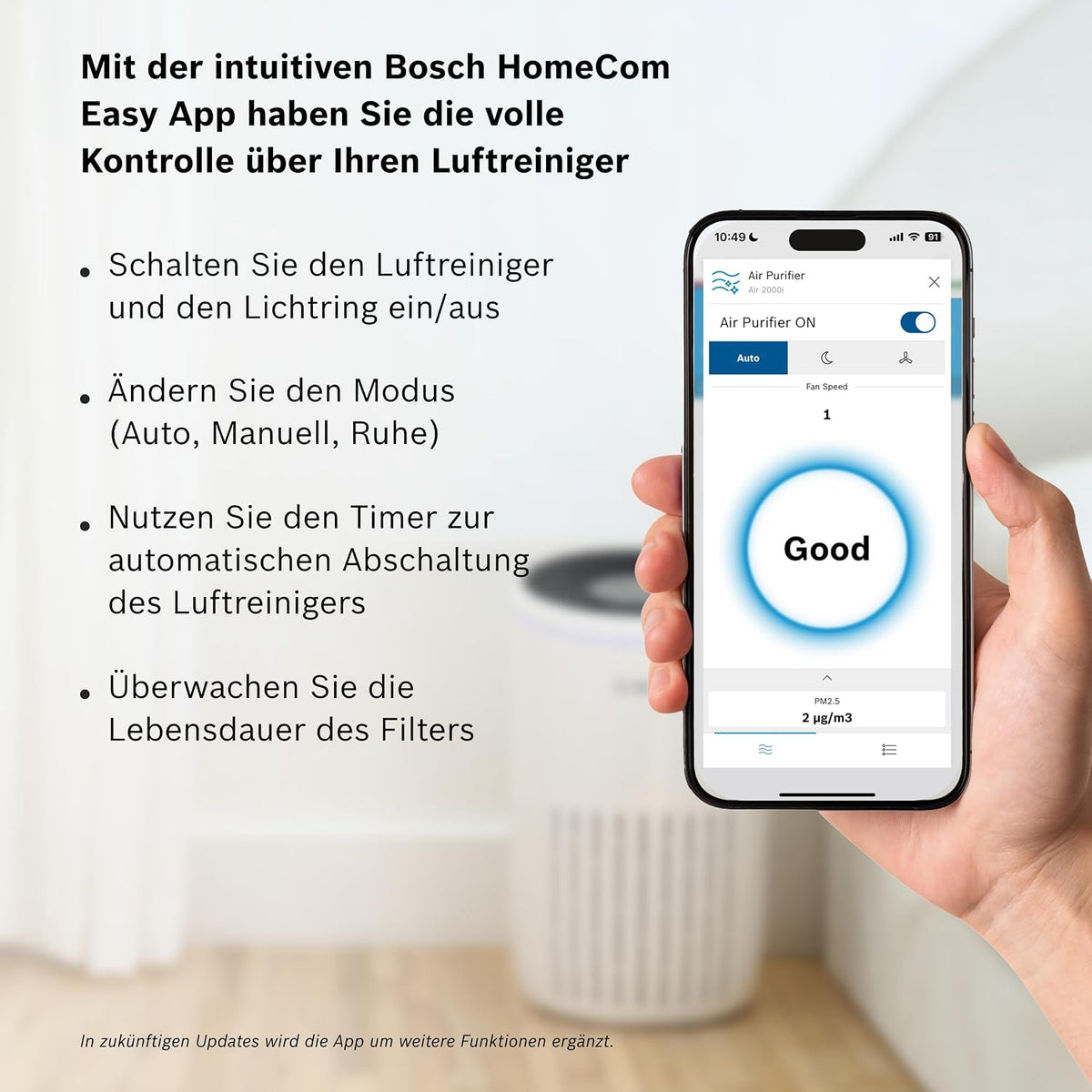 Bosch Air 2000I, App-Gesteuerter Luftreiniger, Für Räume Bis Zu 37,5 M² | Mit 3-In-1 Luftfilter, Smart Sensor, Automatikmodus, Ruhemodus (< 25 Db(A)), CADR: 180 M³/H