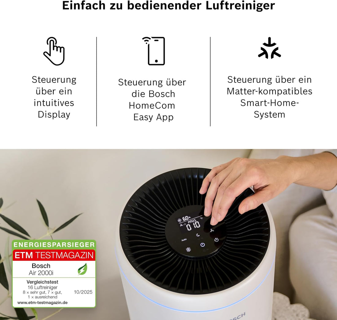 Bosch Air 2000I, App-Gesteuerter Luftreiniger, Für Räume Bis Zu 37,5 M² | Mit 3-In-1 Luftfilter, Smart Sensor, Automatikmodus, Ruhemodus (< 25 Db(A)), CADR: 180 M³/H