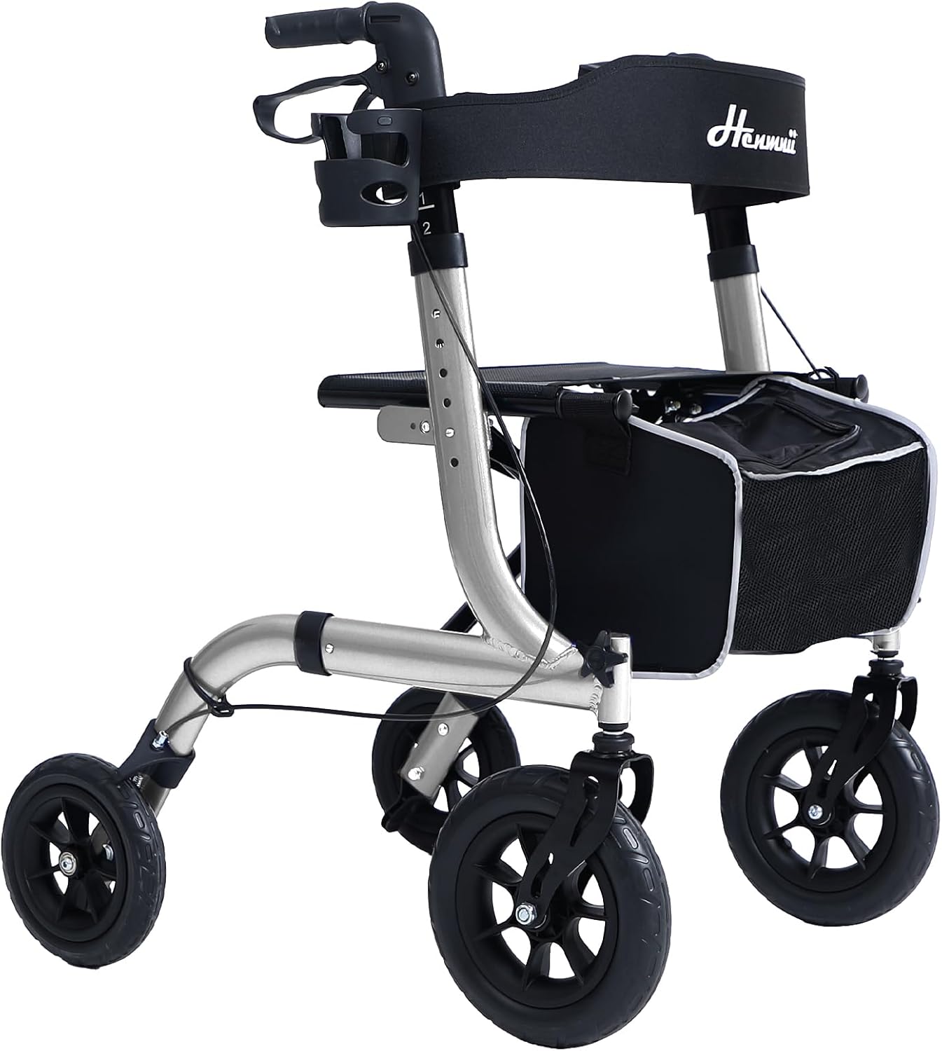 Faltbarer Rollator mit Sitzpolster, Einkaufstasche und Stockhalter – Höhenverstellbar, leicht und schmal für Senioren – Gehwagen mit Bremse, 10"/8" All-Terrain-Rädern, Aluminium, Schwarz/Rot