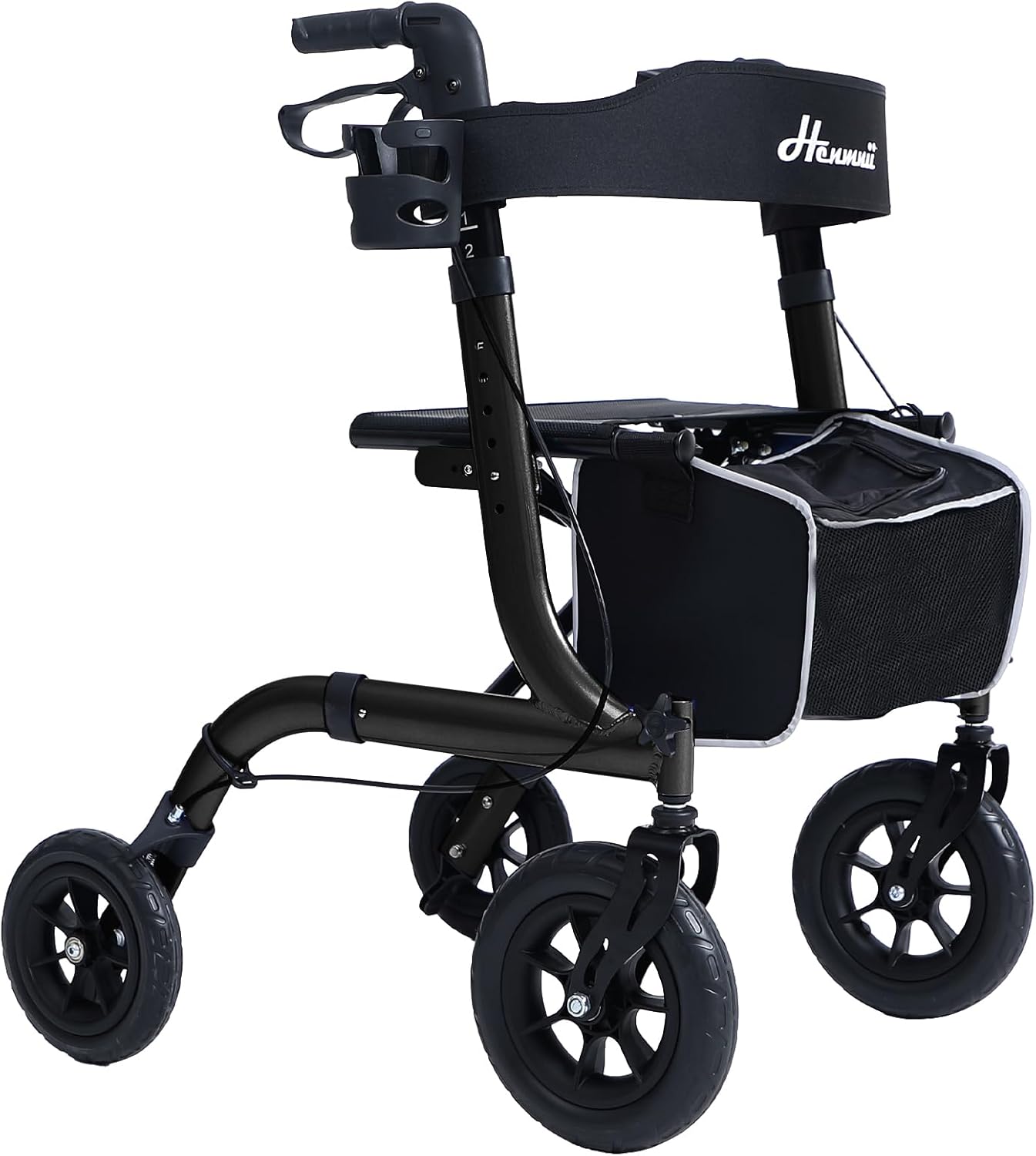Faltbarer Rollator mit Sitzpolster, Einkaufstasche und Stockhalter – Höhenverstellbar, leicht und schmal für Senioren – Gehwagen mit Bremse, 10"/8" All-Terrain-Rädern, Aluminium, Schwarz/Rot