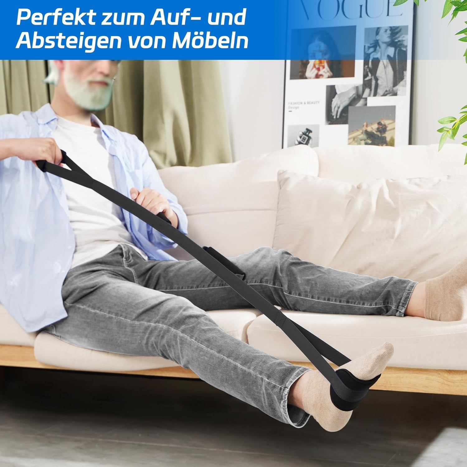 Kekoy 107 cm Beinhebergurt mit Fuß- und Handgriff für eingeschränkte Mobilität nach Hüftoperation – ideal für das Ein- und Aussteigen aus Bett, Auto und Rollstuhl (Schwarz)