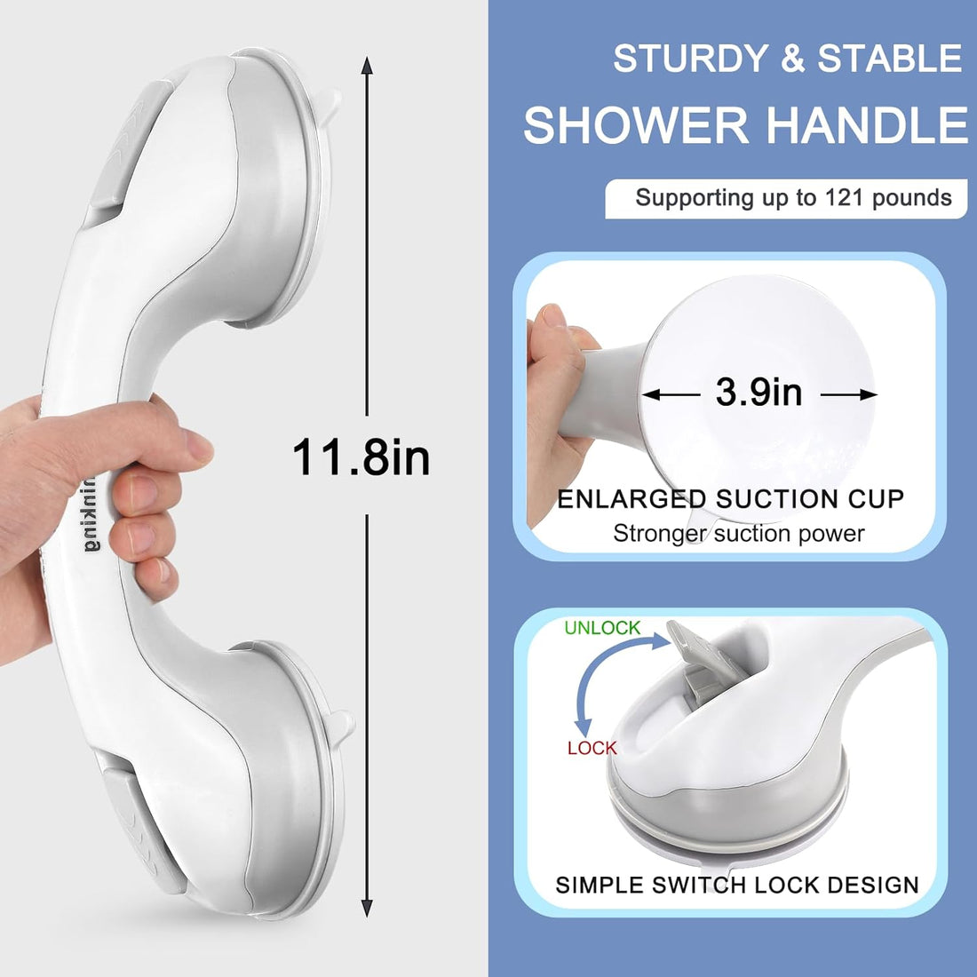 Suction Cup Shower Grip 30CM, No Drill Bathroom Safety Handle, Bathtub Support for Seniors, Set of 2