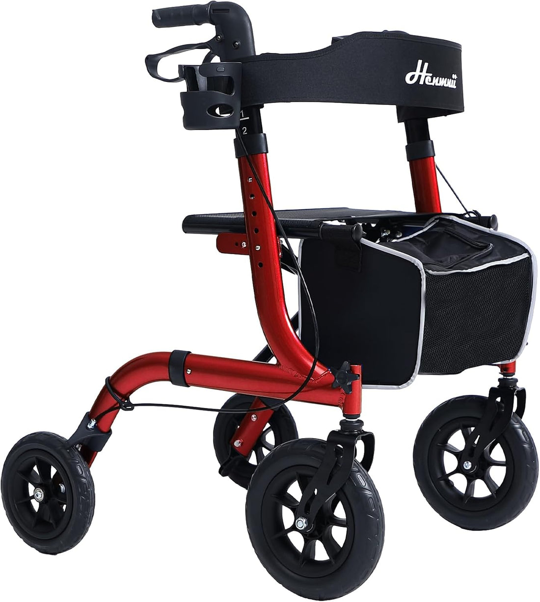 Faltbarer Rollator mit Sitzpolster, Einkaufstasche und Stockhalter – Höhenverstellbar, leicht und schmal für Senioren – Gehwagen mit Bremse, 10"/8" All-Terrain-Rädern, Aluminium, Schwarz/Rot