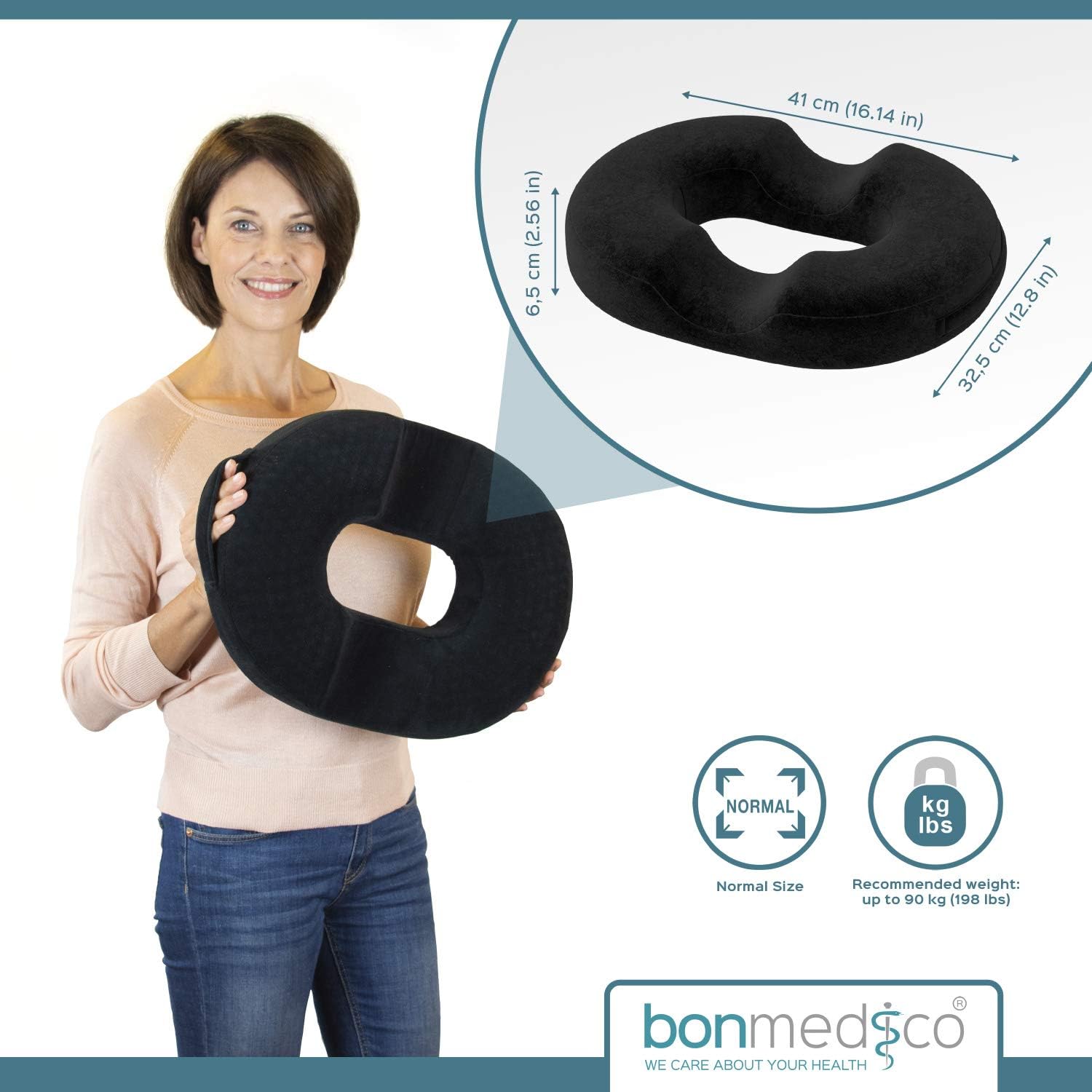 Bonmedico Sitzkissen Orthopädisch - Bürostuhl, Auto, Rollstuhl Sitzring - Kühlende Gel-Schicht - Bequemes Hämorrhoiden & Steißbeinkissen - Wichtelgeschenk - Wellness Schwarz Normal