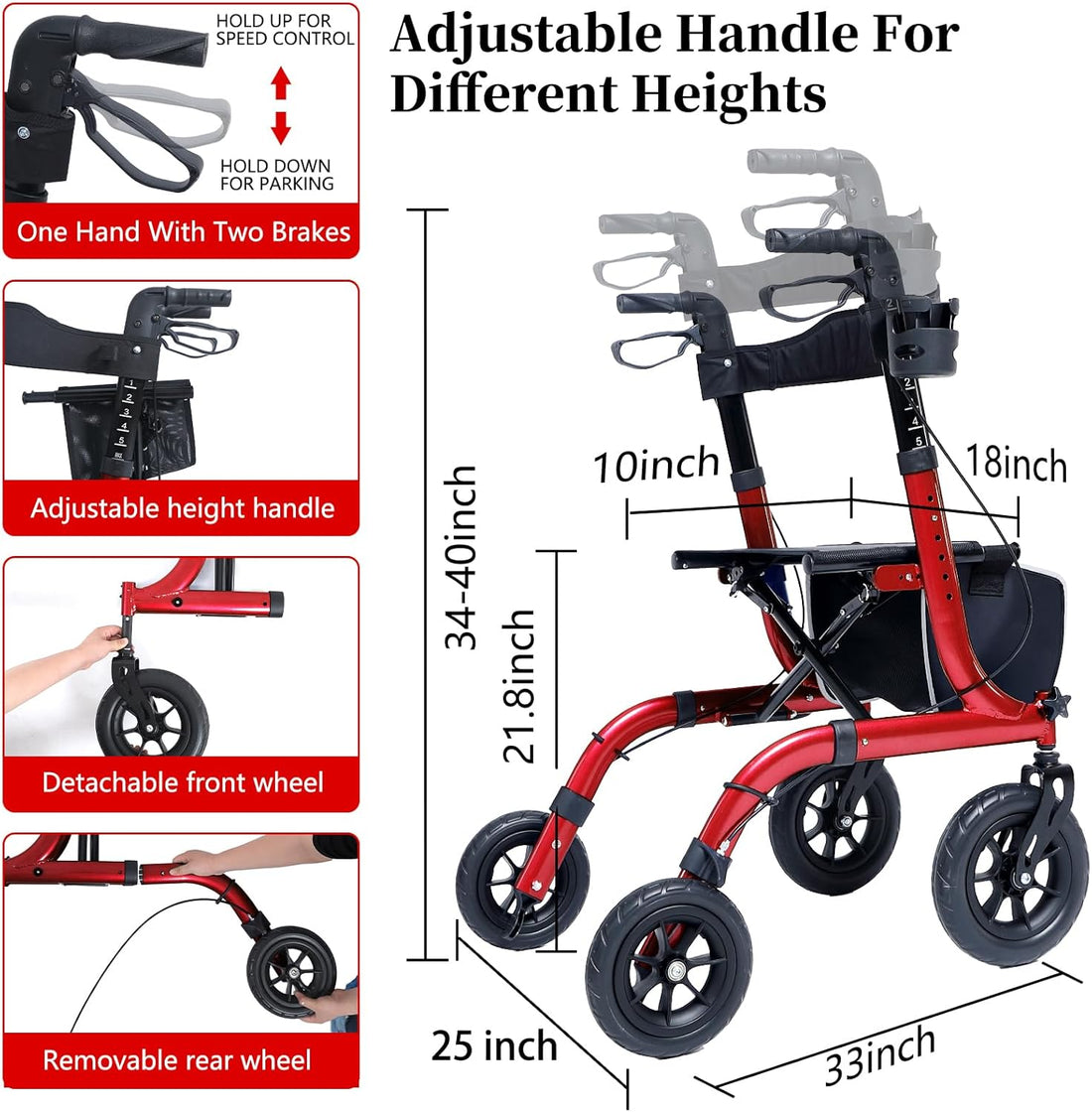 Faltbarer Rollator mit Sitzpolster, Einkaufstasche und Stockhalter – Höhenverstellbar, leicht und schmal für Senioren – Gehwagen mit Bremse, 10"/8" All-Terrain-Rädern, Aluminium, Schwarz/Rot