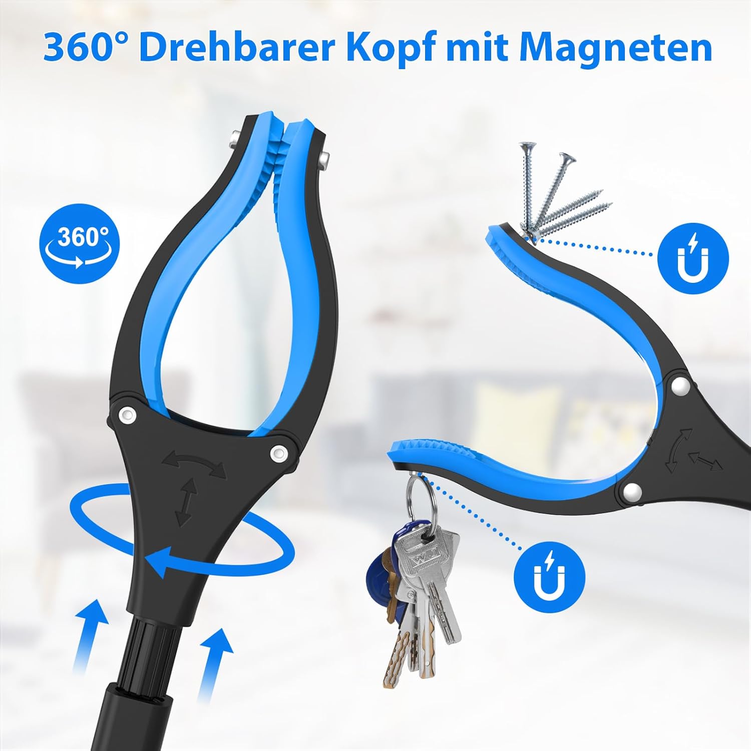 91Cm Greifzange Für Senioren - Faltbare Greifzange Mit Starkem Griff Und 360° Drehkopf, Ergonomischer Greifer Für Senioren, Robuste Müllzange Für Tägliche Aufgaben, Blau