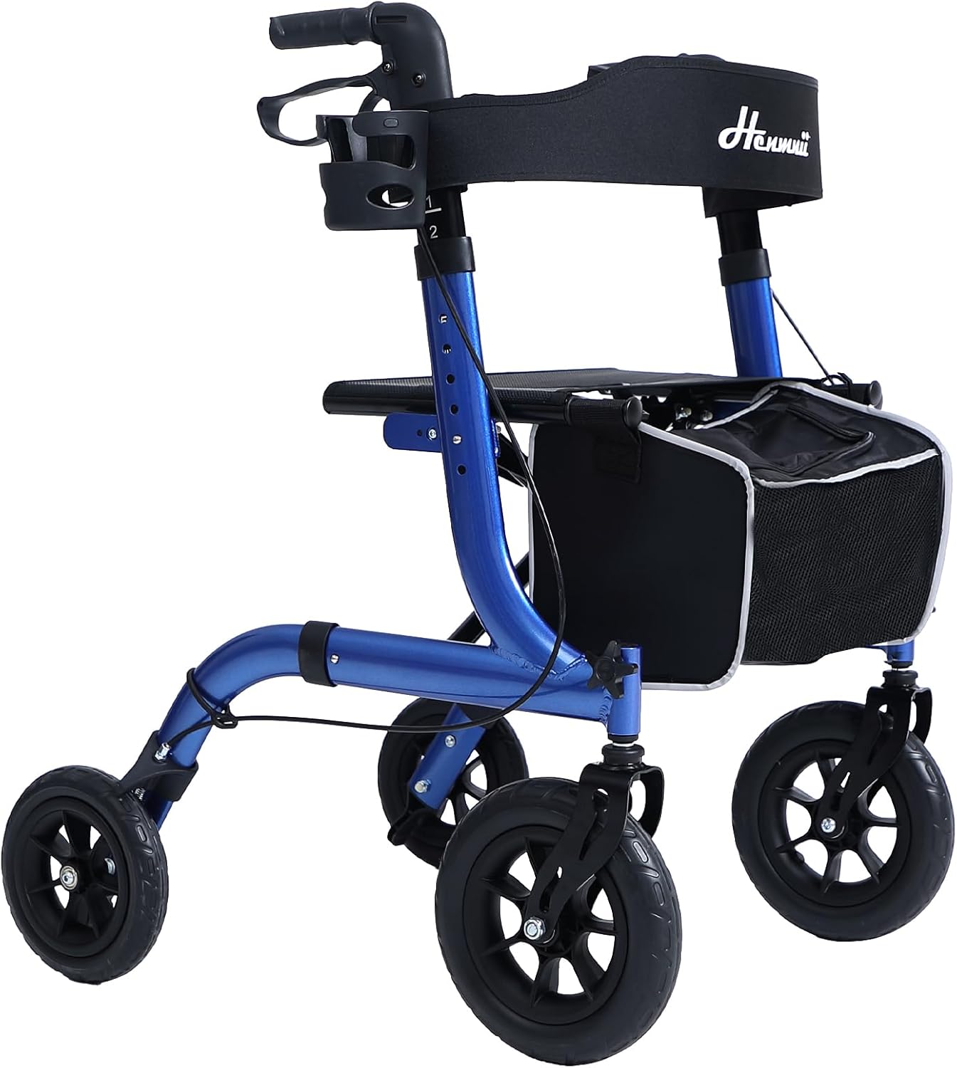 Faltbarer Rollator mit Sitzpolster, Einkaufstasche und Stockhalter – Höhenverstellbar, leicht und schmal für Senioren – Gehwagen mit Bremse, 10"/8" All-Terrain-Rädern, Aluminium, Schwarz/Rot