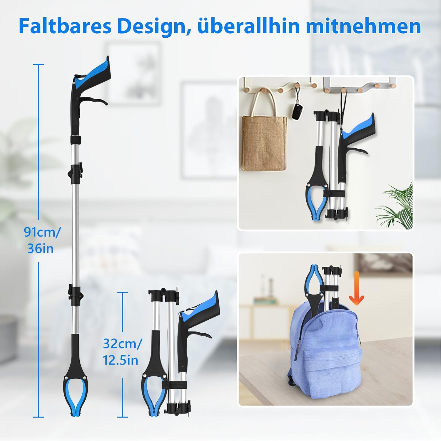 91Cm Greifzange Für Senioren - Faltbare Greifzange Mit Starkem Griff Und 360° Drehkopf, Ergonomischer Greifer Für Senioren, Robuste Müllzange Für Tägliche Aufgaben, Blau