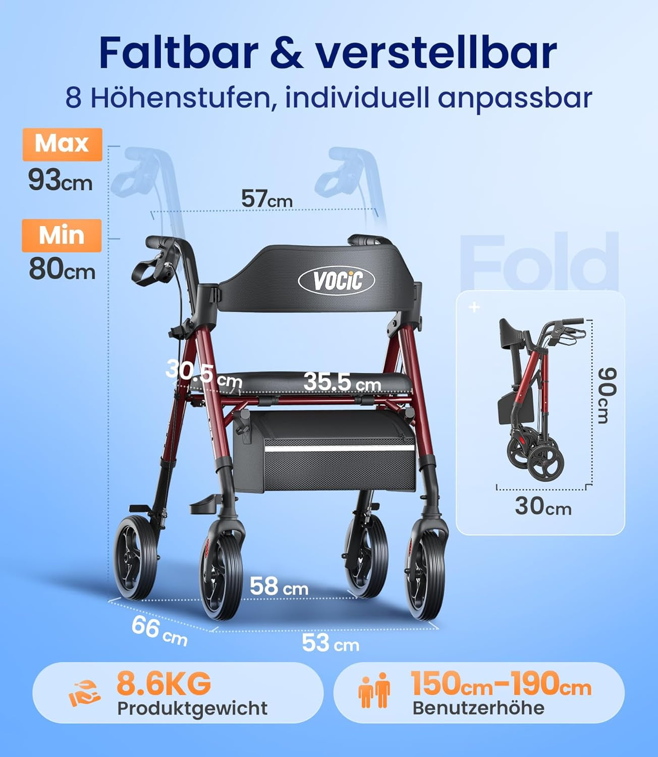 Rollator faltbar leicht mit Sitz für Senioren dunkelrot 