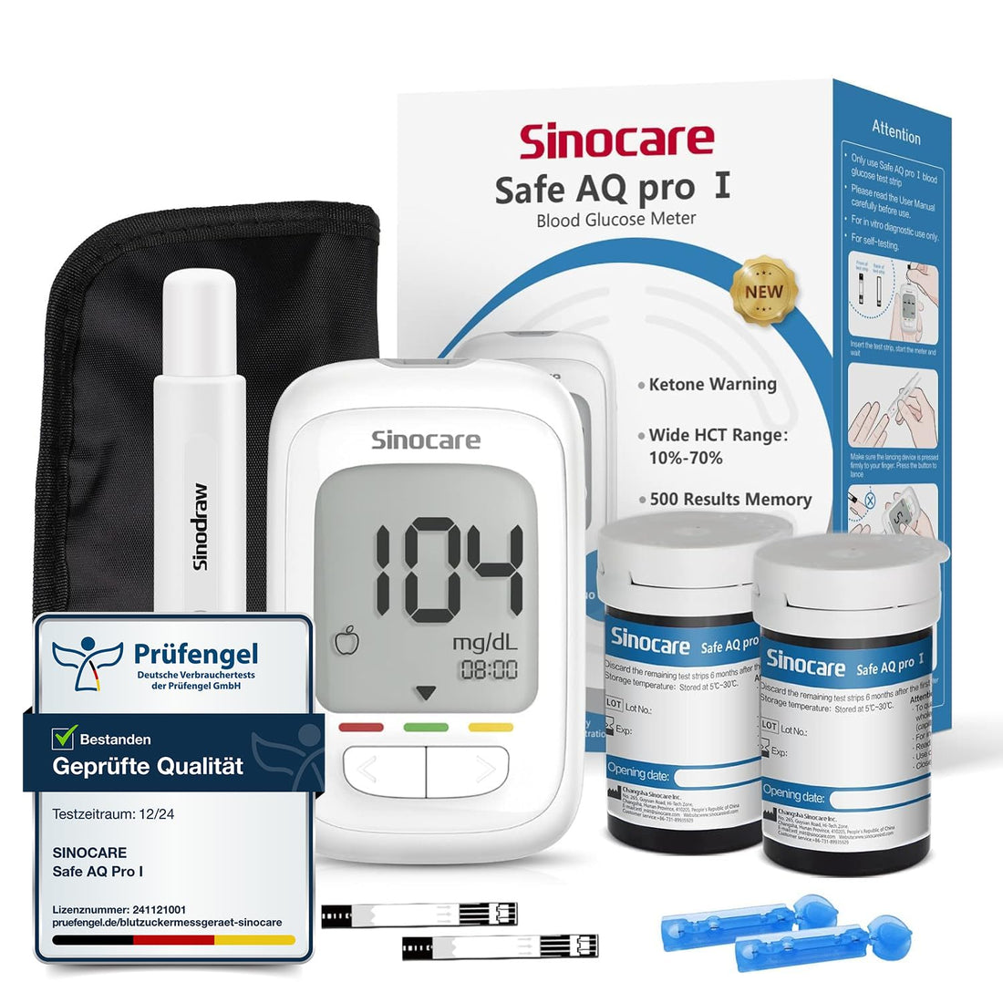 Sinocare Blutzuckermessgerät Set, Upgrade Zuckermessgerät Mit Teststreifen 50, Starter Und Ältestenbedienung Freundlich(Safe AQ Pro I Blutzuckermessgeräte Set 50)