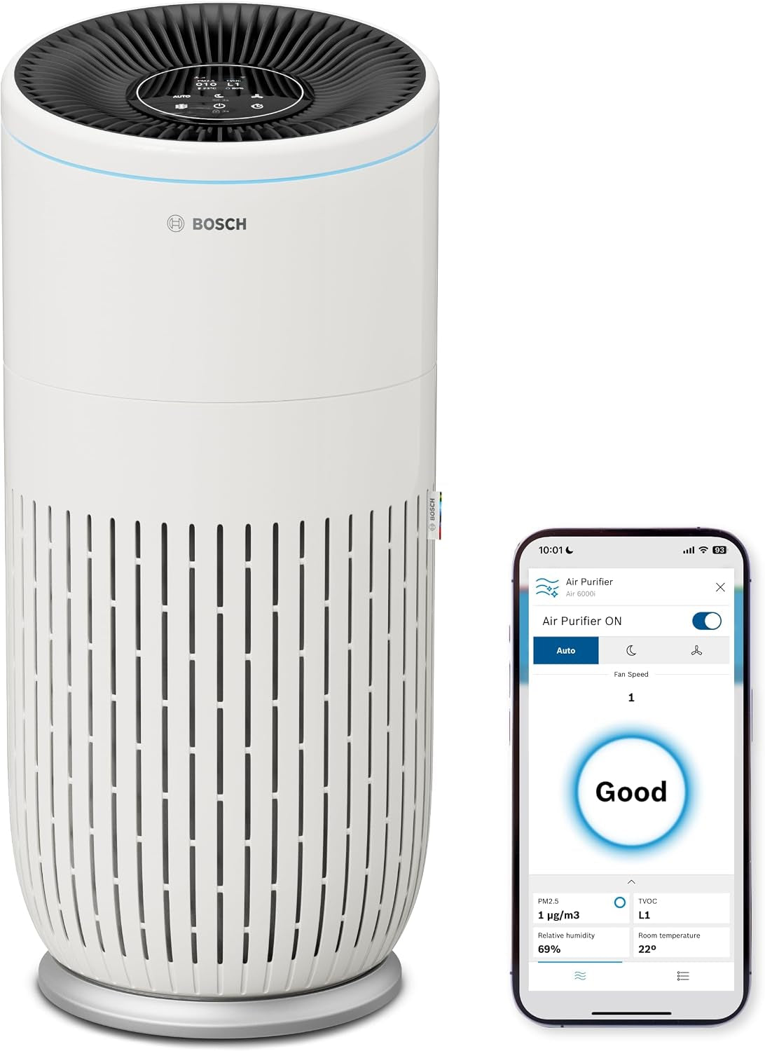 Bosch Air 2000I, App-Gesteuerter Luftreiniger, Für Räume Bis Zu 37,5 M² | Mit 3-In-1 Luftfilter, Smart Sensor, Automatikmodus, Ruhemodus (< 25 Db(A)), CADR: 180 M³/H
