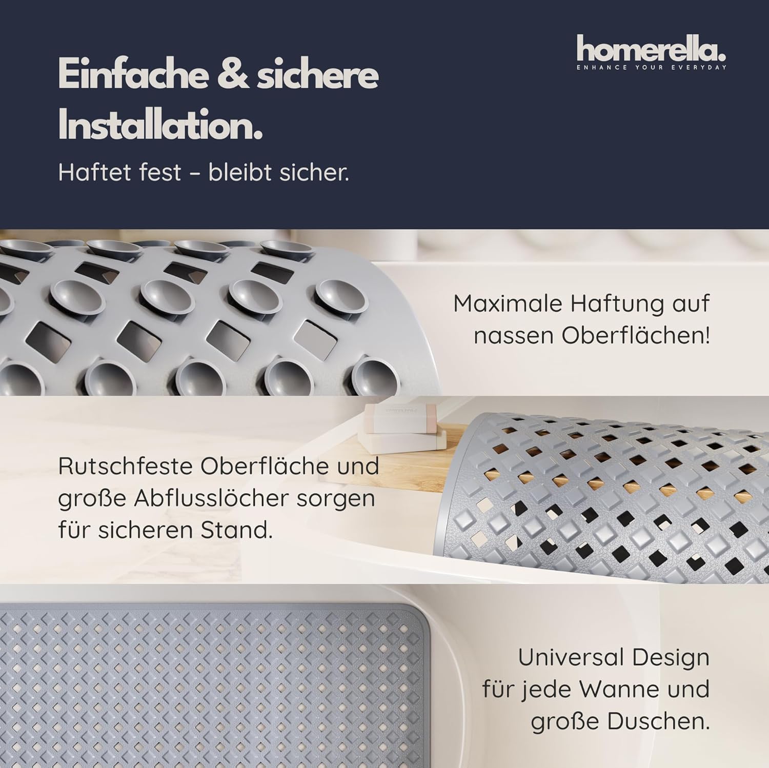 Badewannenmatte rutschfest 88x39 cm mit Saugnäpfen