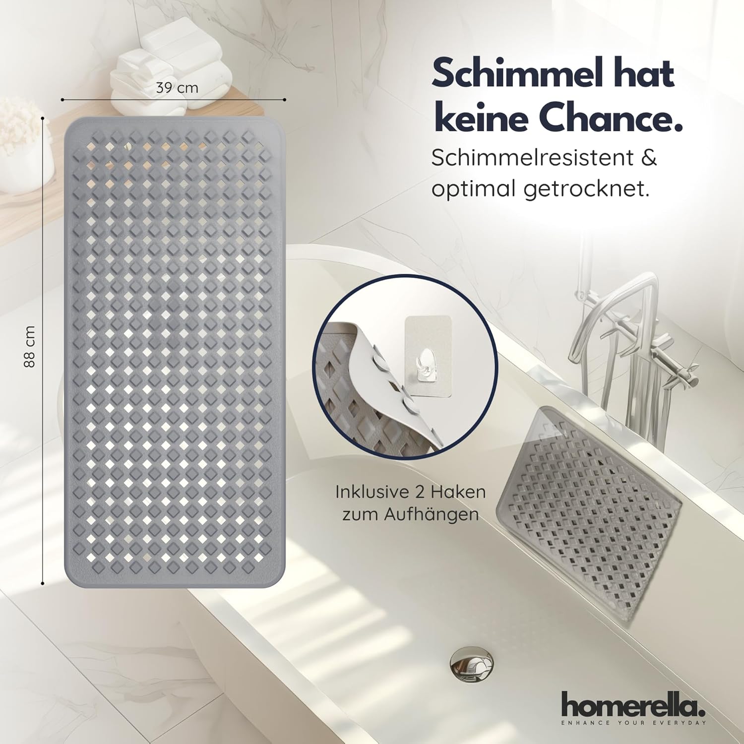 Badewannenmatte rutschfest 88x39 cm mit Saugnäpfen