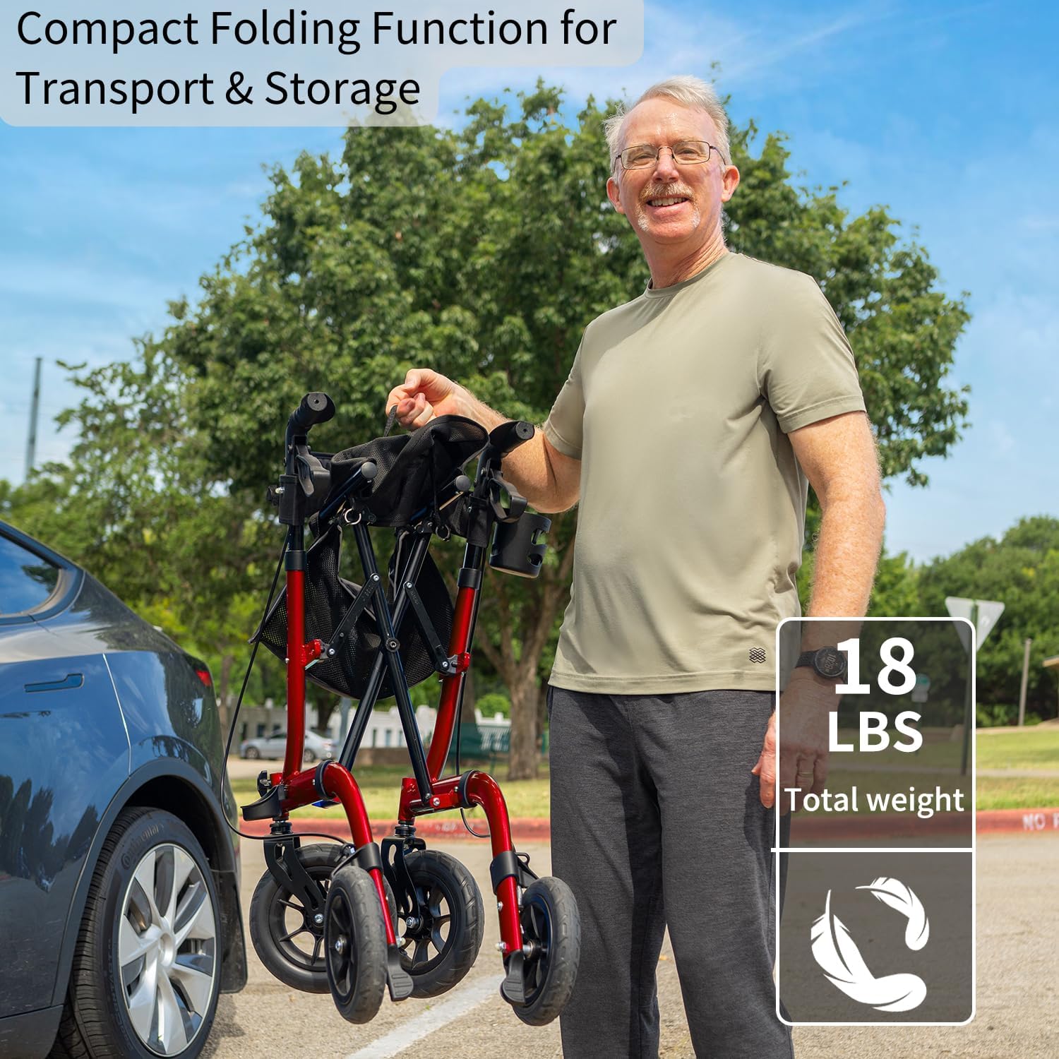 Faltbarer Rollator mit Sitzpolster, Einkaufstasche und Stockhalter – Höhenverstellbar, leicht und schmal für Senioren – Gehwagen mit Bremse, 10"/8" All-Terrain-Rädern, Aluminium, Schwarz/Rot