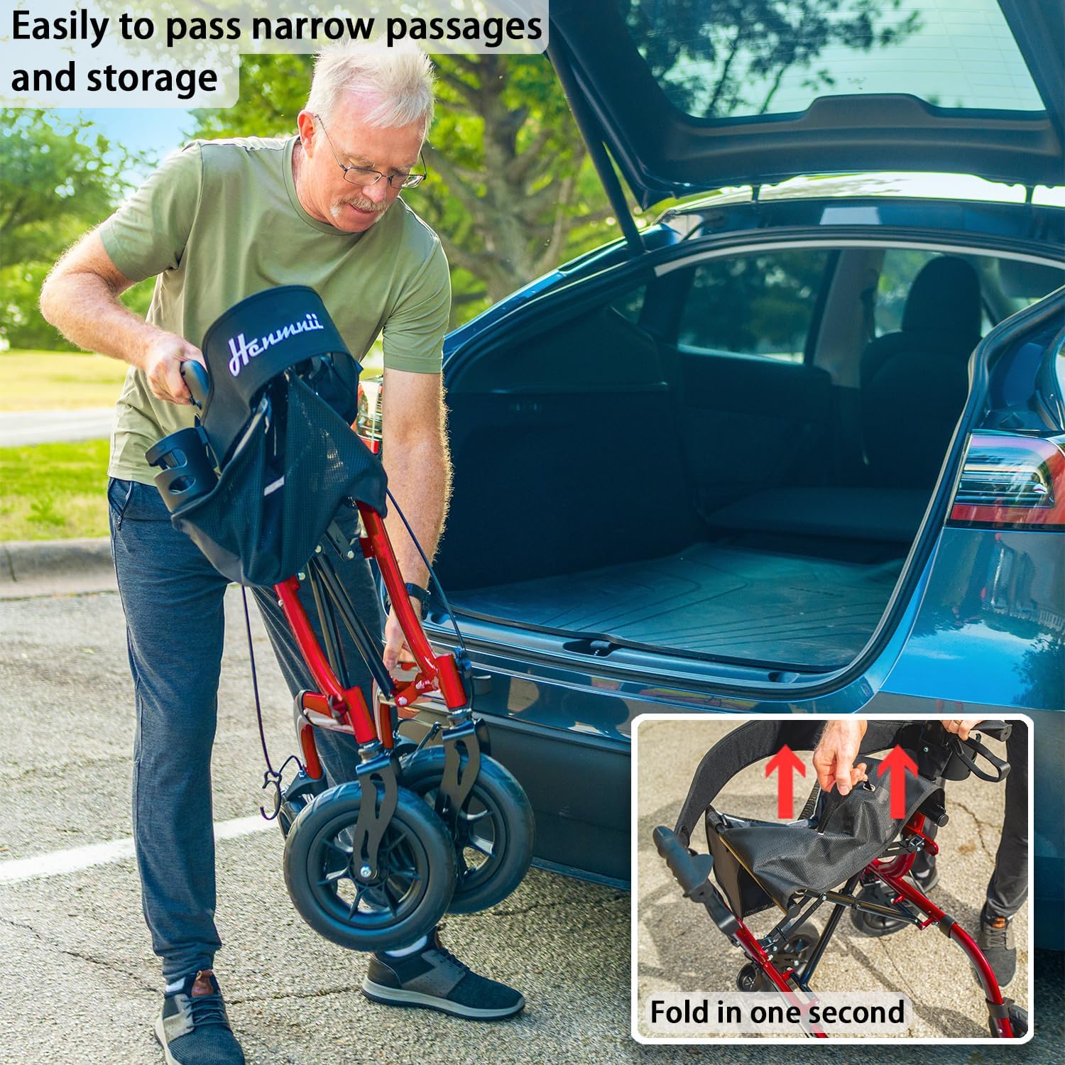 Faltbarer Rollator mit Sitzpolster, Einkaufstasche und Stockhalter – Höhenverstellbar, leicht und schmal für Senioren – Gehwagen mit Bremse, 10"/8" All-Terrain-Rädern, Aluminium, Schwarz/Rot