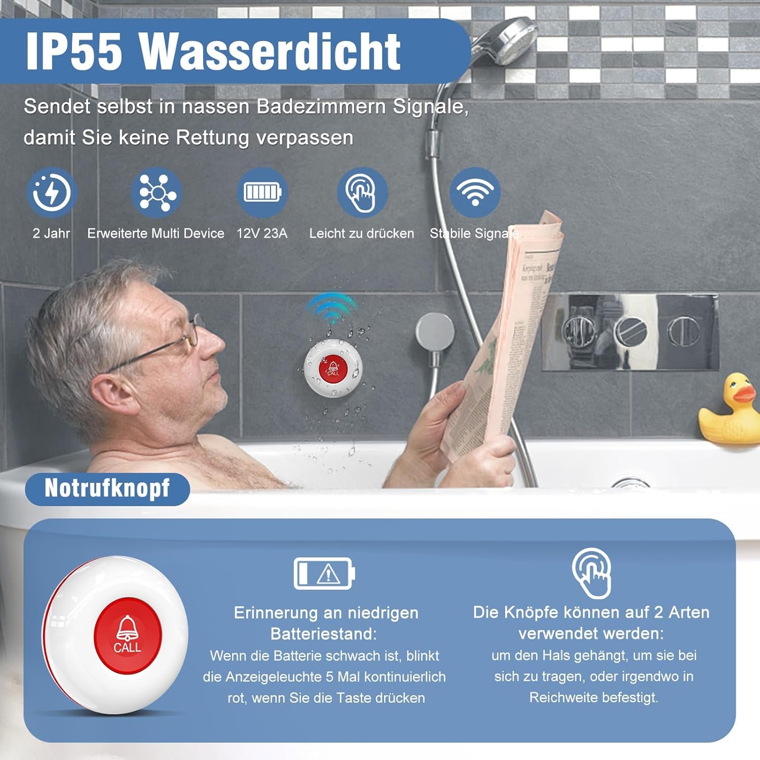 Chunhee Notrufknopf Für Senioren/ Senioren Notruf/Hausnotruf Intern 150M SOS Alarm Kabellos Für Pflegebedürftige Geduldig Älterer Empfänger*1+Ruftaste*2