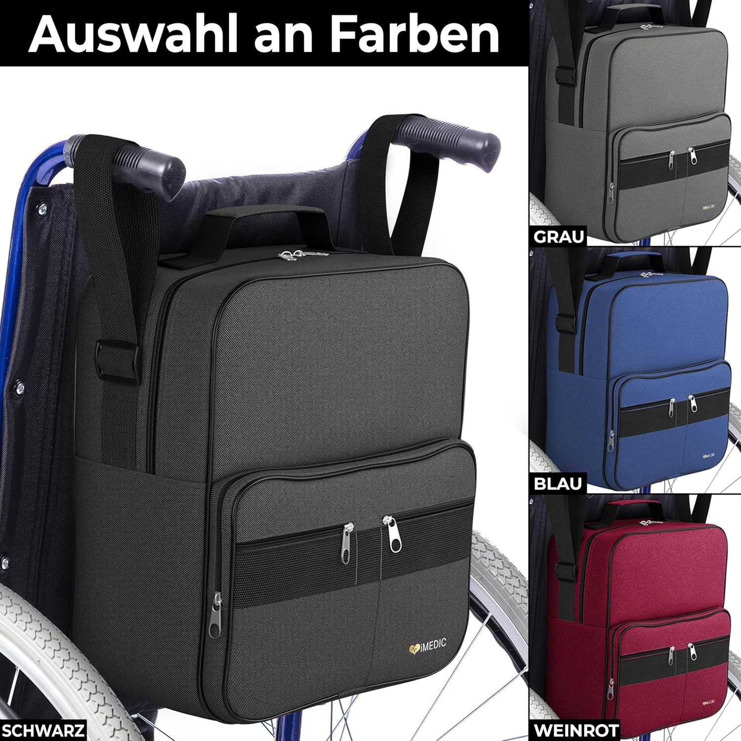 Rollstuhltasche wasserdicht schwarz mit Netztaschen 
