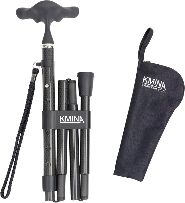 KMINA Gehstock Carbon Schwarz, Herren Elegant, Spazierstock Damen, Kohlefaser, Verstellbar (Ergonomischer Griff)