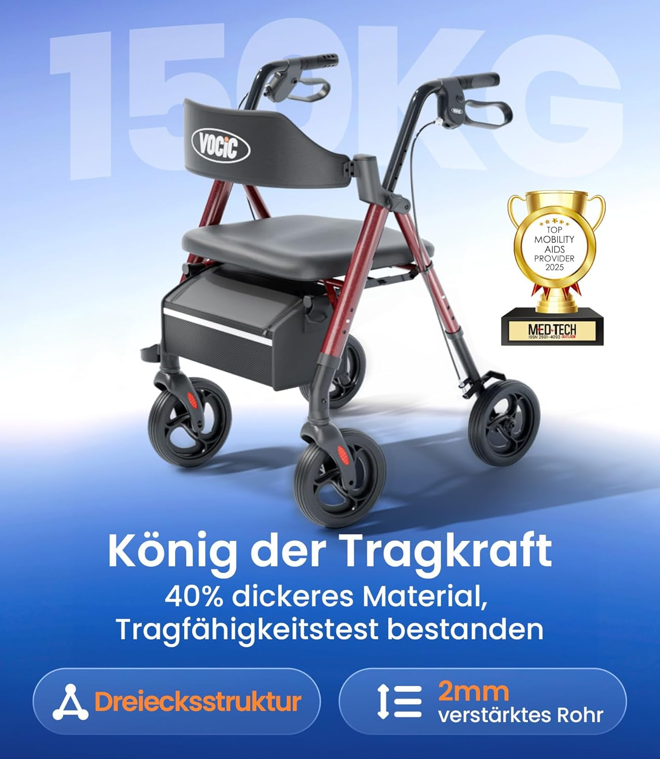 Rollator faltbar leicht mit Sitz für Senioren dunkelrot 