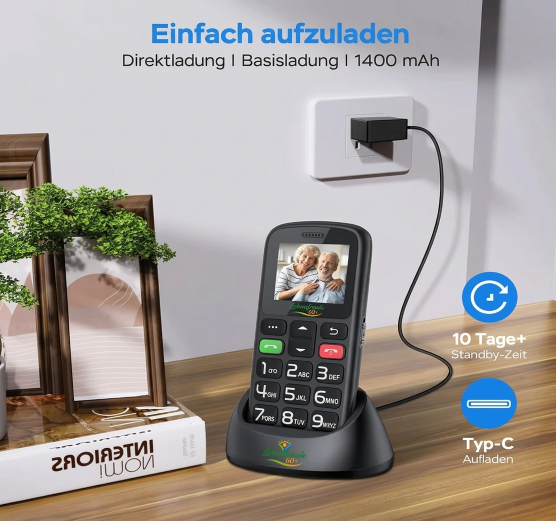 Seniorenhandy mit Großtasten SOS-Notruftaste und Ladestation