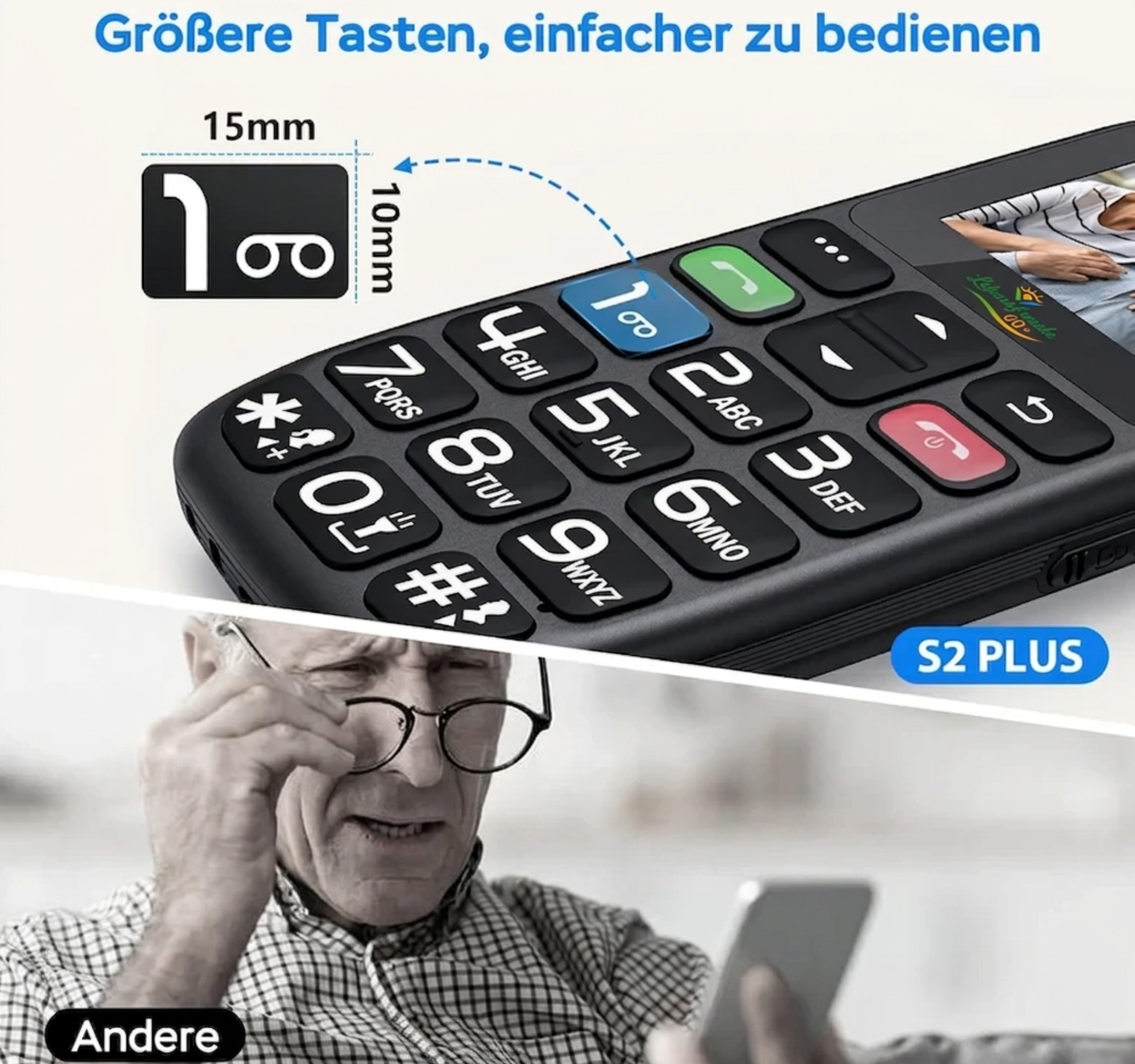 Seniorenhandy mit Großtasten SOS-Notruftaste und Ladestation