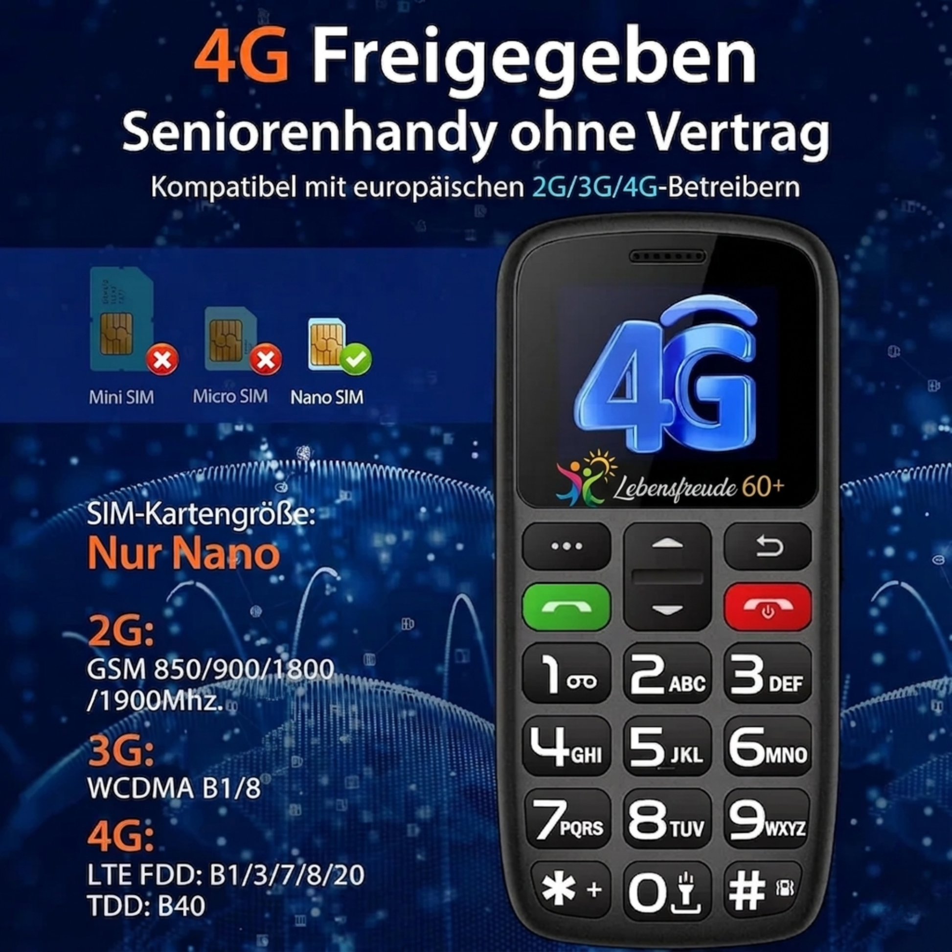 Seniorenhandy mit Großtasten SOS-Notruftaste und Ladestation