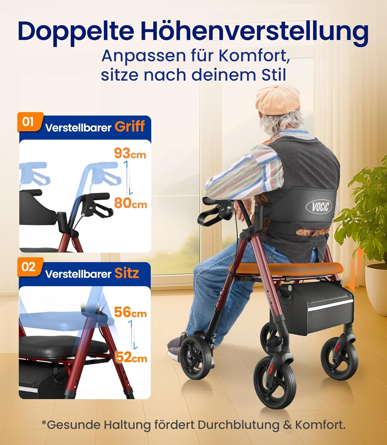 Rollator faltbar leicht mit Sitz für Senioren dunkelrot 