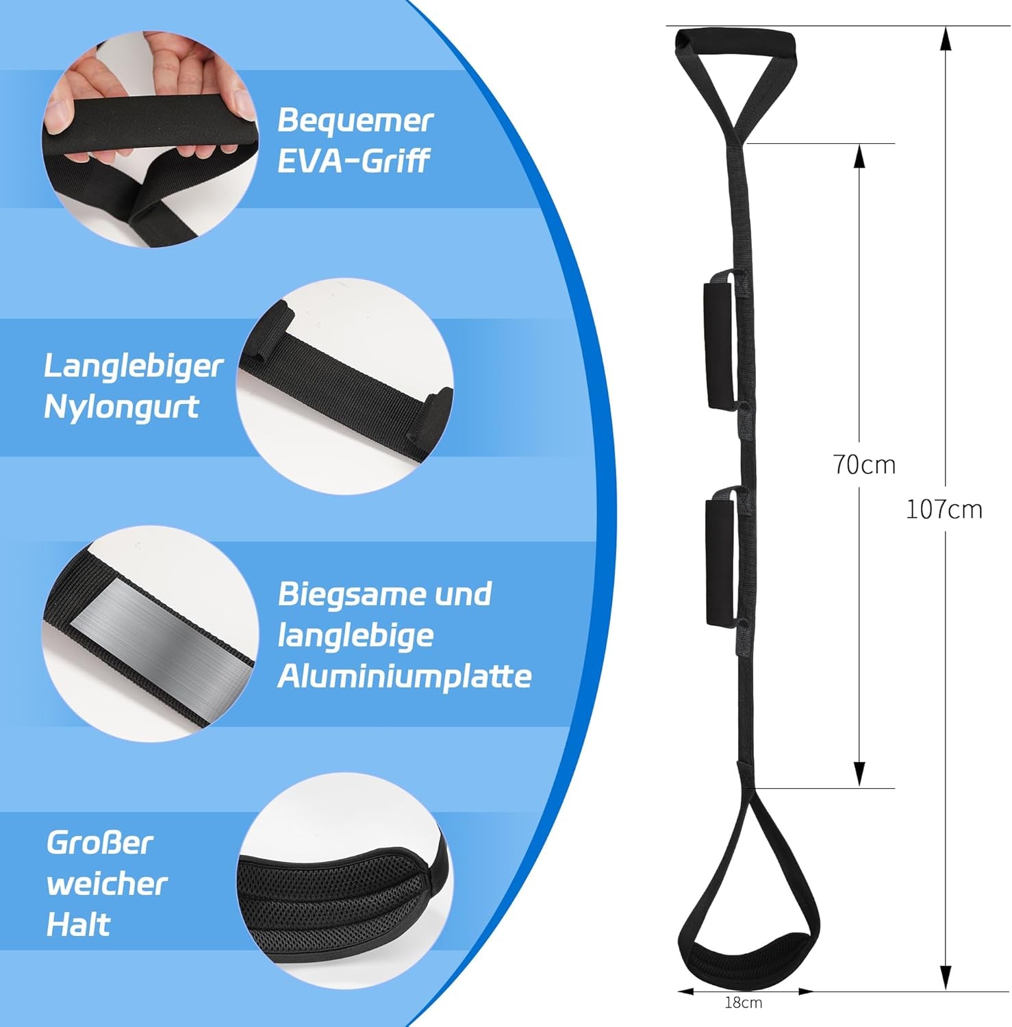 Kekoy 107 cm Beinhebergurt mit Fuß- und Handgriff für eingeschränkte Mobilität nach Hüftoperation – ideal für das Ein- und Aussteigen aus Bett, Auto und Rollstuhl (Schwarz)