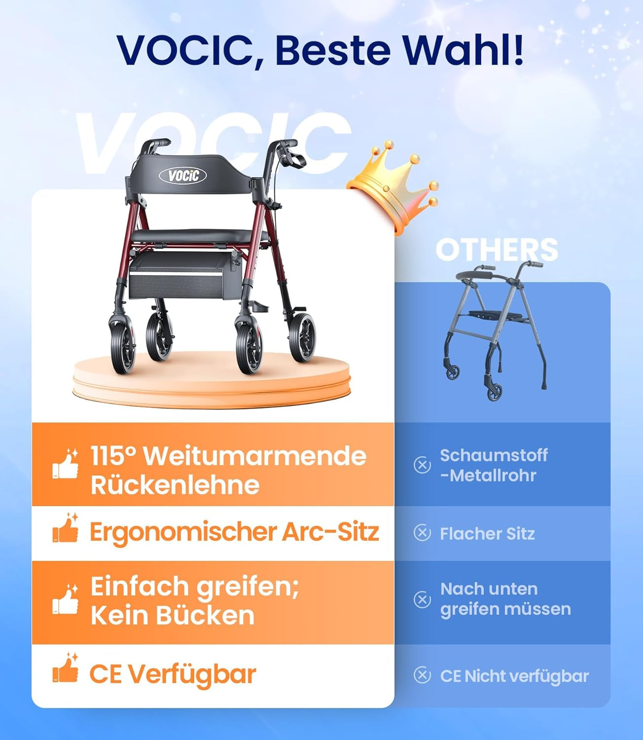 Rollator faltbar leicht mit Sitz für Senioren dunkelrot 